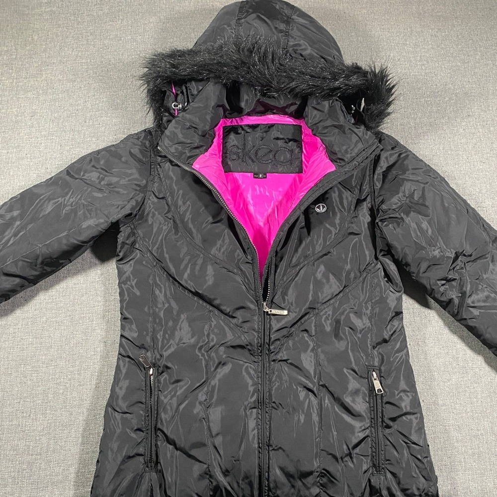 Skea Down Ski Jacket Women 8 Black Goose Down Faux Fur Hood Hooded‎ Parka Puffer
